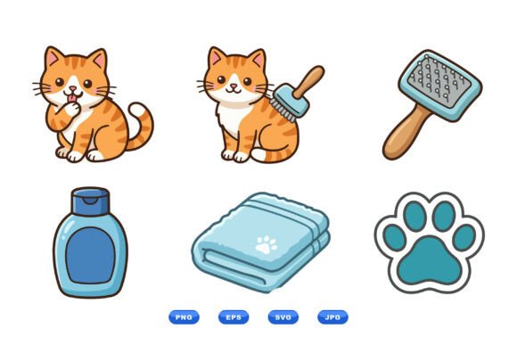 Cute Cat Grooming Clipart Set