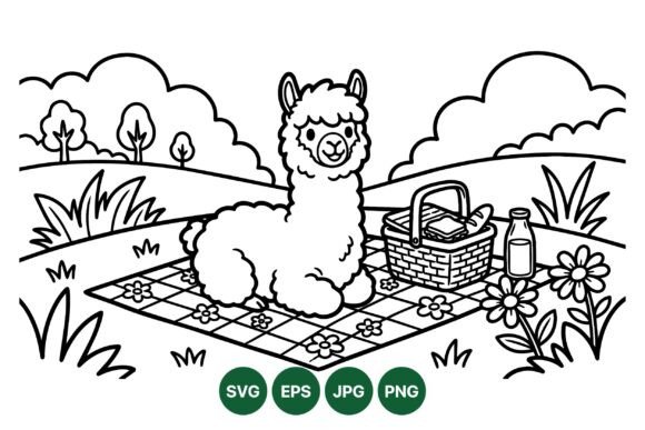 Cute Llama Picnic Coloring Page