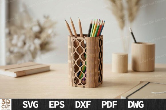 Geometric Wood Pen Holder Laser Cut SVG Bundle