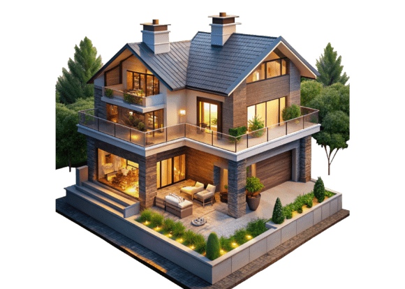 House with Trees and Bushes on the Botto – A Versatile Design Element for Creative Projects