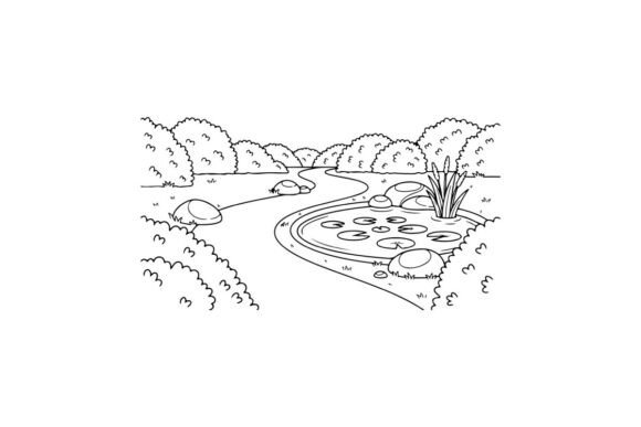 Peaceful Pond and Bushes – A Premium Coloring Book Page for Creative Relaxation