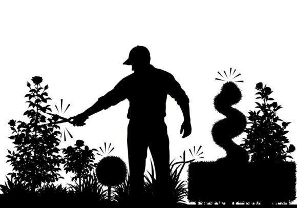 Silhouette Man Pruning Plants Garden: A Strategic Visual Tool for Branding and Communication