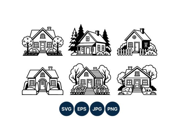 Six Black and White House Line Art: A Versatile Design Resource for Creatives