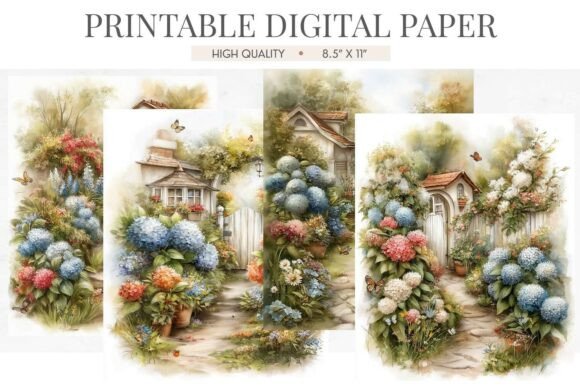 Watercolor Hydrangea Garden Path Papers